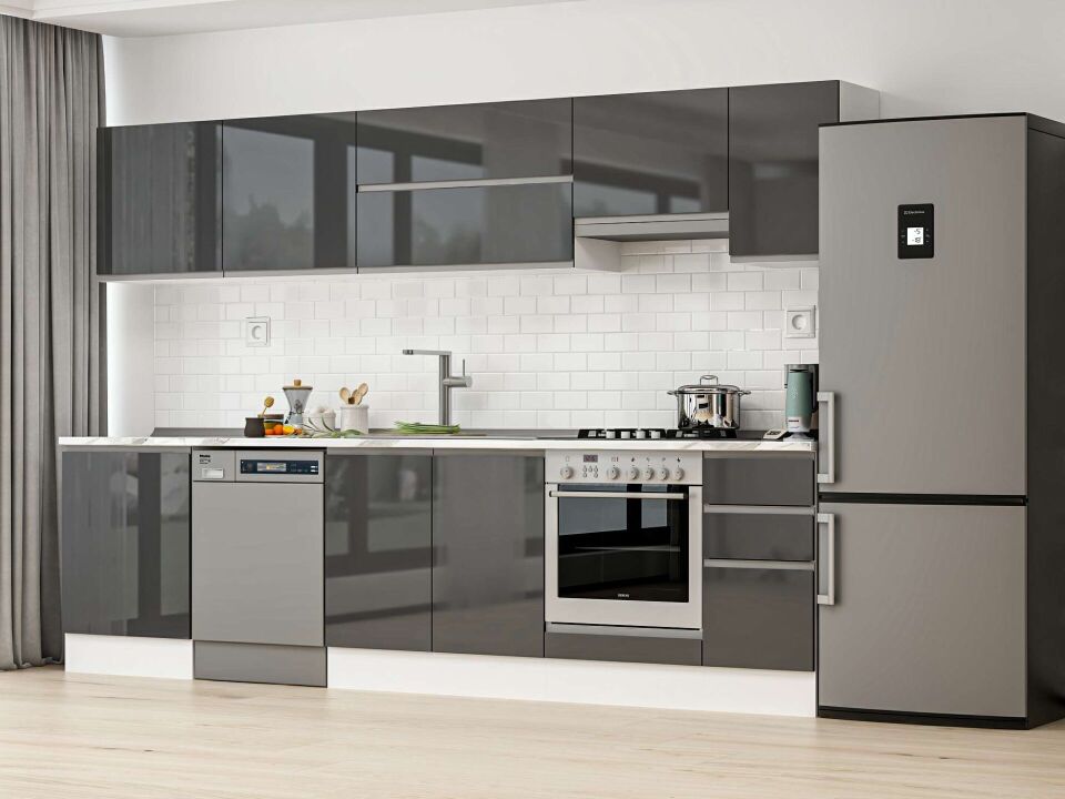 Alvinka 310X210 Cm High Gloss Mutfak Dolabı M-E90S60S40-1 High Gloss | Antrasit - Mdf