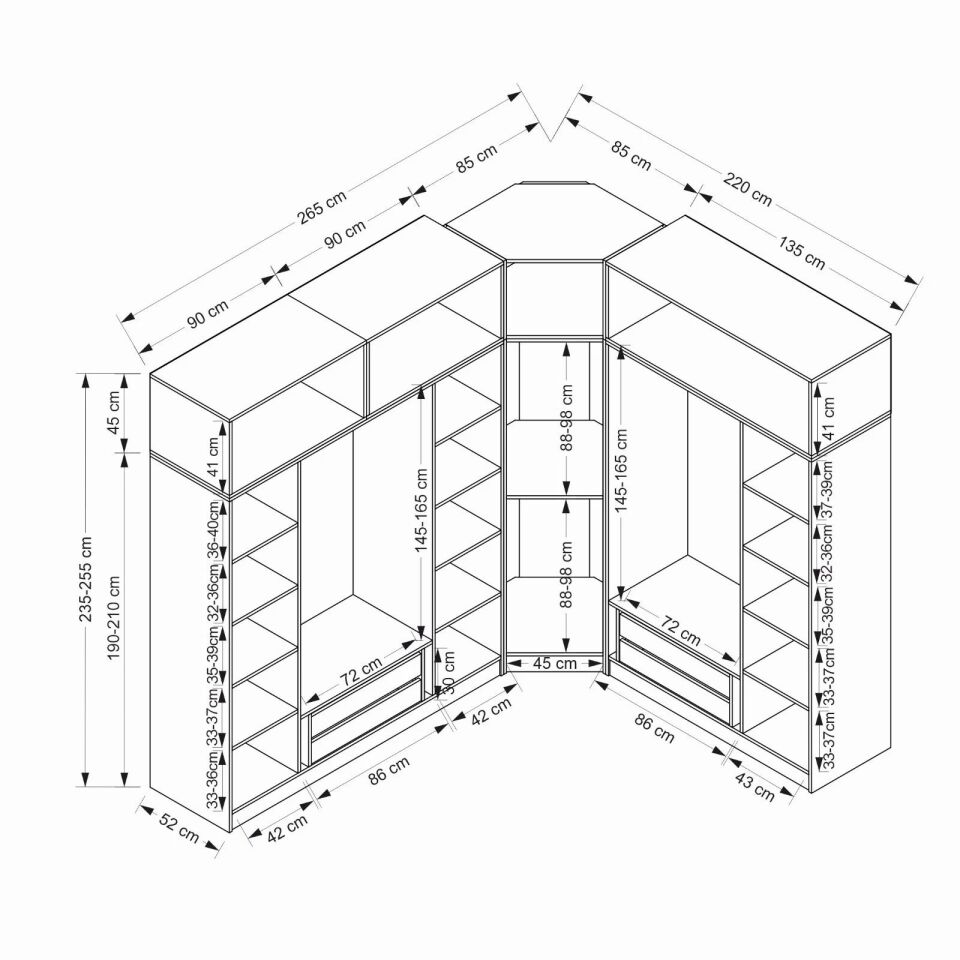 Minar Kale 8 Kapaklı 4 Ç Köşe Dolap + Yüklük Antrasit Dore