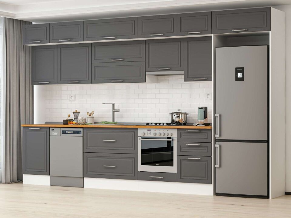 Alvinka 380X240 Cm Klasik Mebran Mutfak Dolabı Mb-E80S50S50-1 Mebran | Antrasit - Mdf