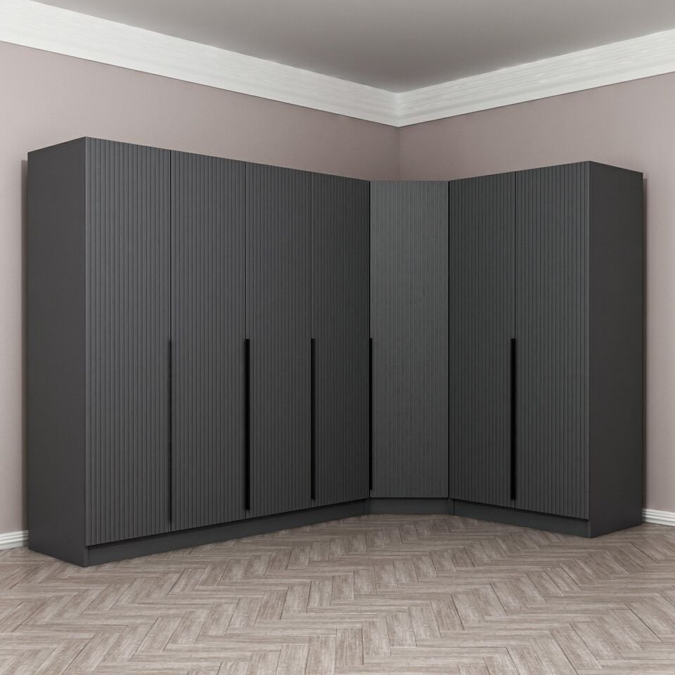 Kaleplus 7 Kapaklı 2 Çekmeceli Köşe Dolap Antrasit Mebran Antrasit Çizgili