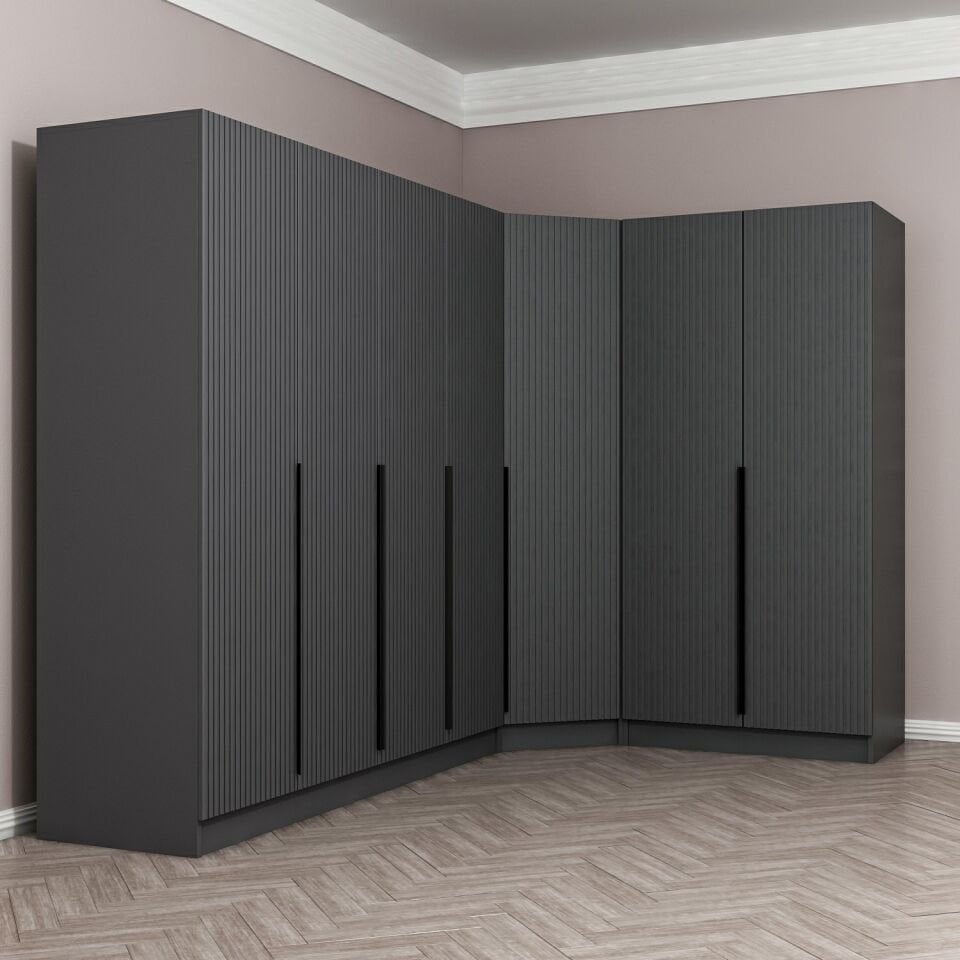Kaleplus 7 Kapaklı 2 Çekmeceli Köşe Dolap Antrasit Mebran Antrasit Çizgili