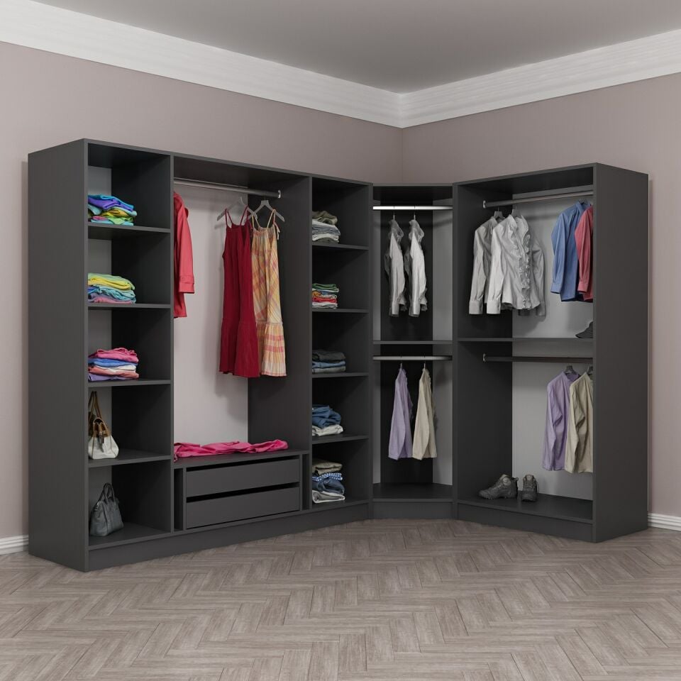 Kaleplus 7 Kapaklı 2 Çekmeceli Köşe Dolap Antrasit Mebran Antrasit Çizgili