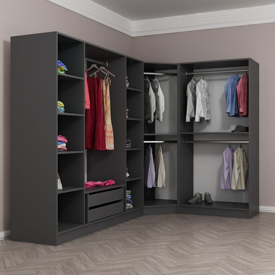 Kaleplus 7 Kapaklı 2 Çekmeceli Köşe Dolap Antrasit Mebran Antrasit Çizgili