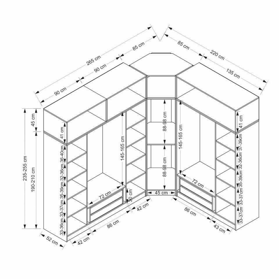 Minar Kale 8 Kapaklı 4 Ç Köşe Dolap + Yüklük Dore Antrasit