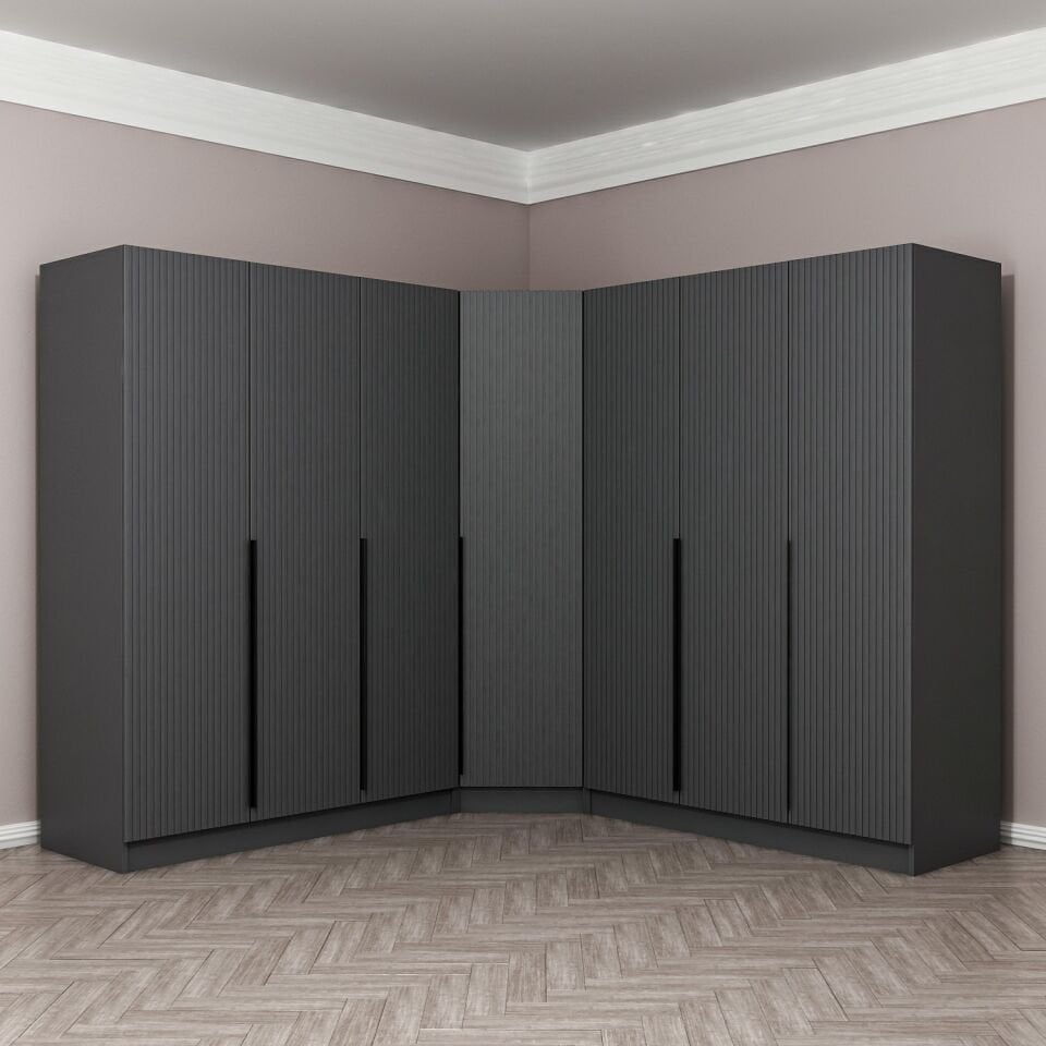 Kaleplus 7 Kapaklı 4 Çekmeceli Köşe Dolap Antrasit Mebran Antrasit Çizgili