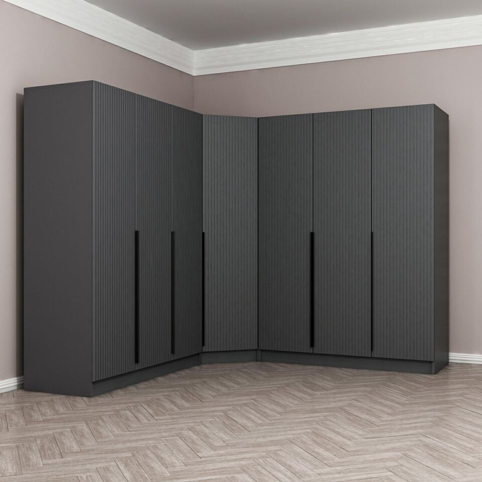 Kaleplus 7 Kapaklı 4 Çekmeceli Köşe Dolap Antrasit Mebran Antrasit Çizgili