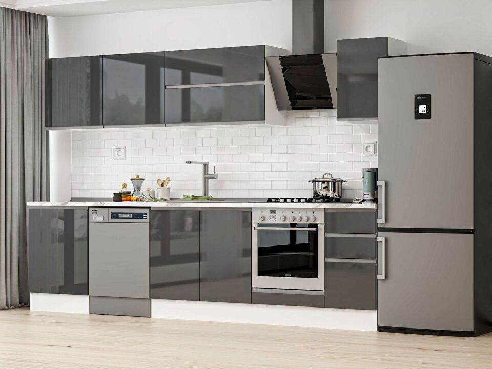 Alvinka 310X210 Cm High Gloss Mutfak Dolabı M-E90S60S40-2 High Gloss | Antrasit - Mdf