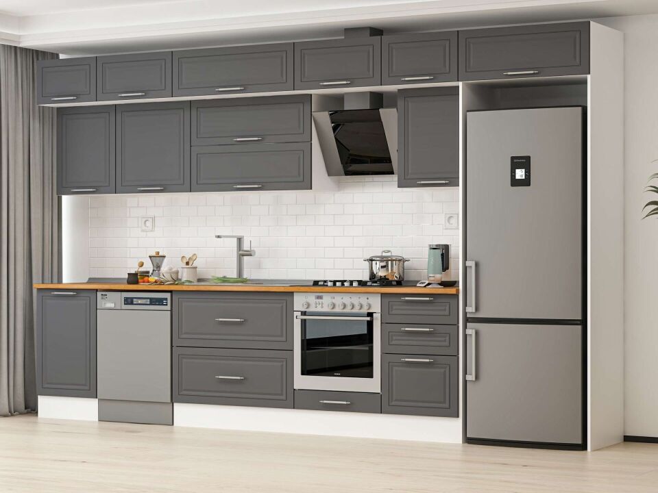 Alvinka 380X240 Cm Klasik Mebran Mutfak Dolabı Mb-E80S50S50-2 Mebran | Antrasit - Suntalam
