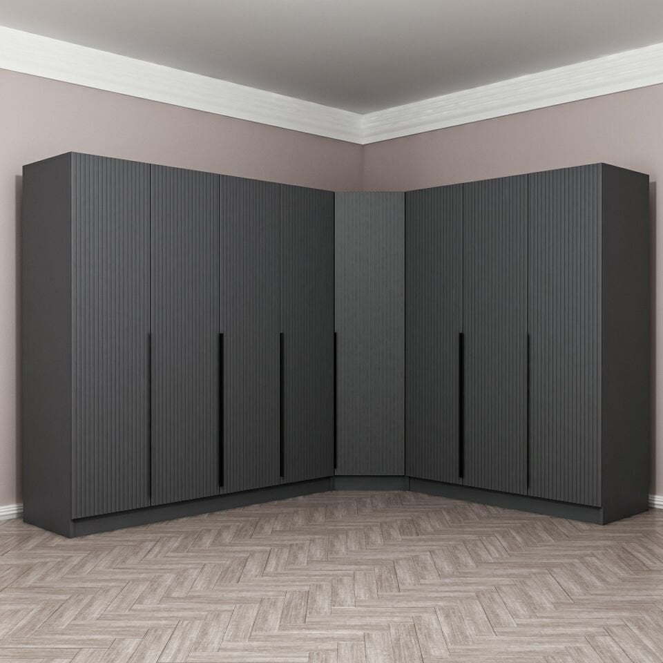 Kaleplus 8 Kapaklı 4 Çekmeceli Köşe Dolap Antrasit Mebran Antrasit Çizgili