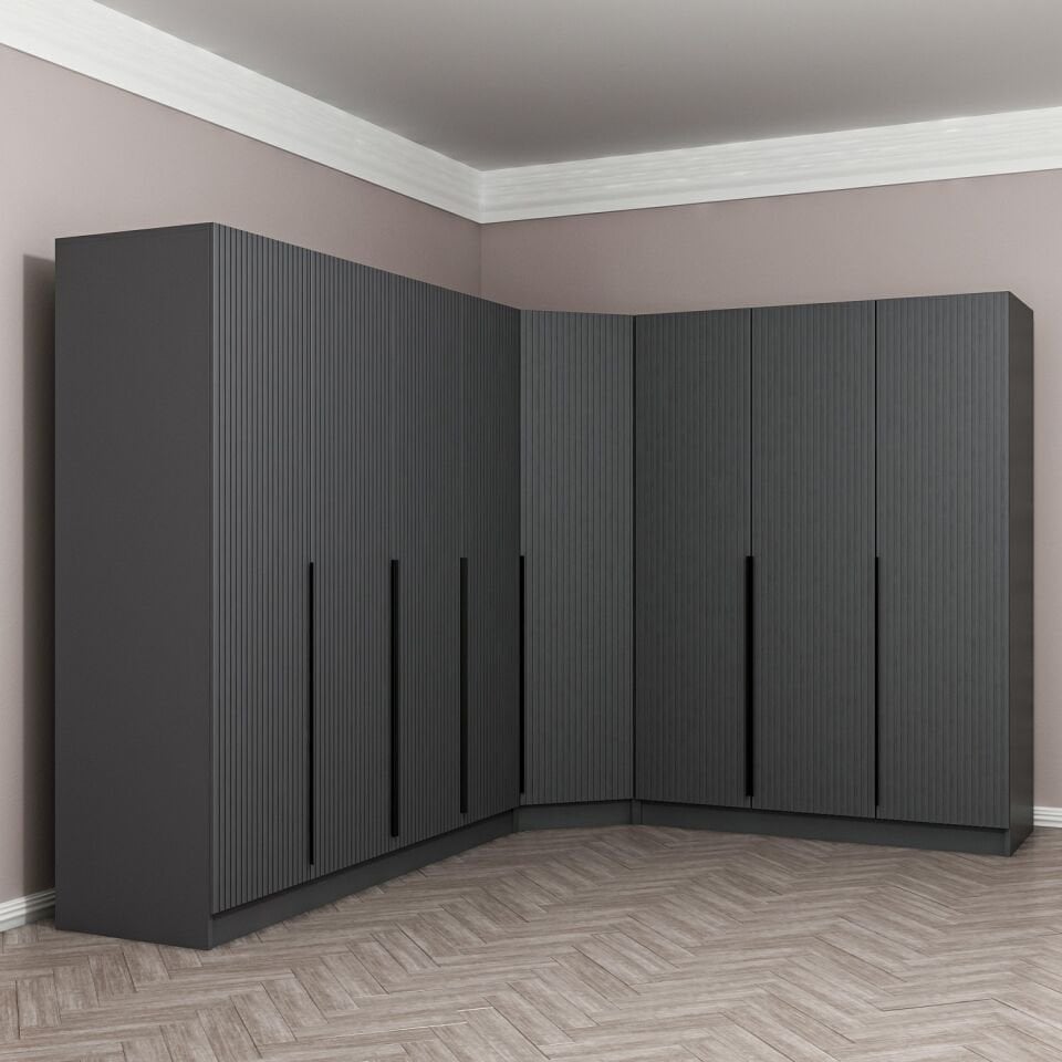Kaleplus 8 Kapaklı 4 Çekmeceli Köşe Dolap Antrasit Mebran Antrasit Çizgili