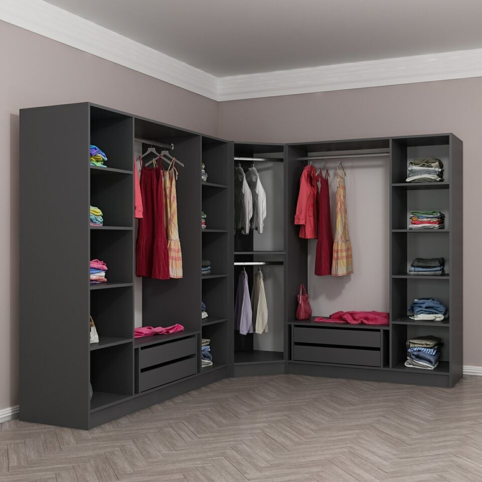 Kaleplus 8 Kapaklı 4 Çekmeceli Köşe Dolap Antrasit Mebran Antrasit Çizgili