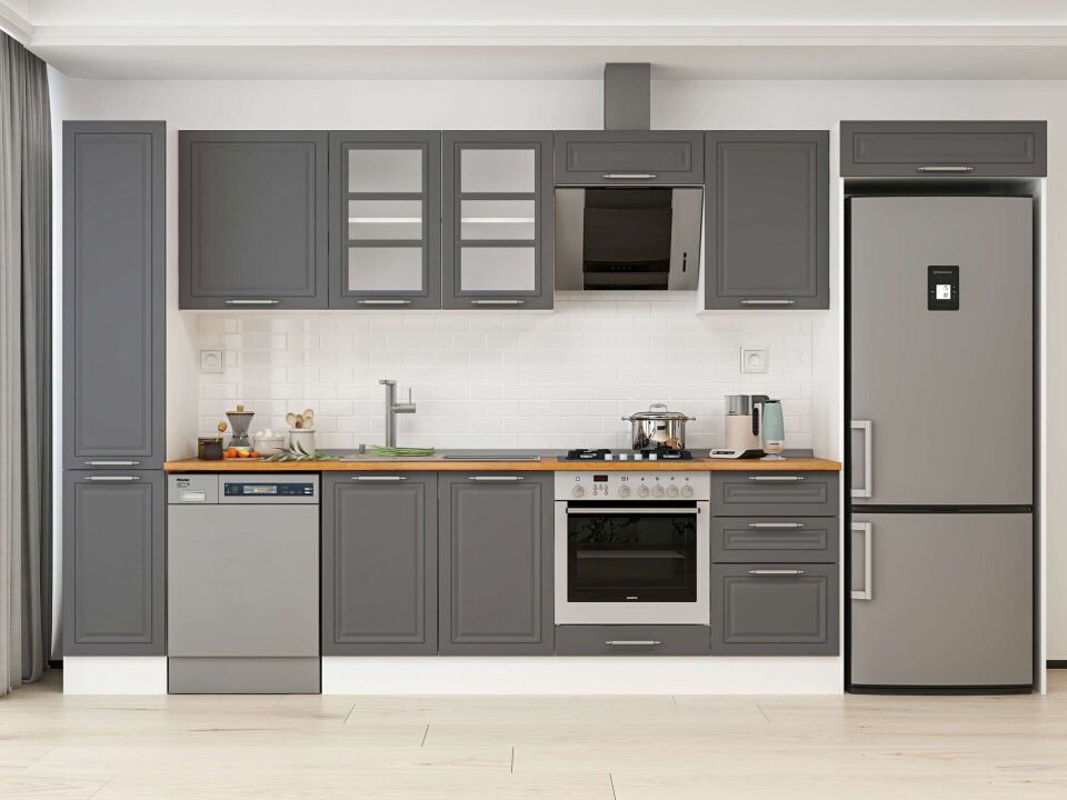 Alvinka 370X222 Cm Klasik Mebran Mutfak Dolabı Mbb-E80B40S50-3 Mebran | Antrasit - Mdf