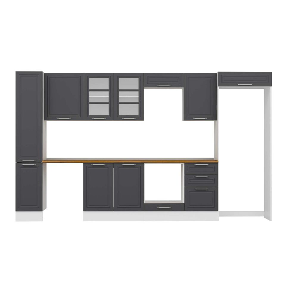 Alvinka 370X222 Cm Klasik Mebran Mutfak Dolabı Mbb-E80B40S50-3 Mebran | Antrasit - Mdf