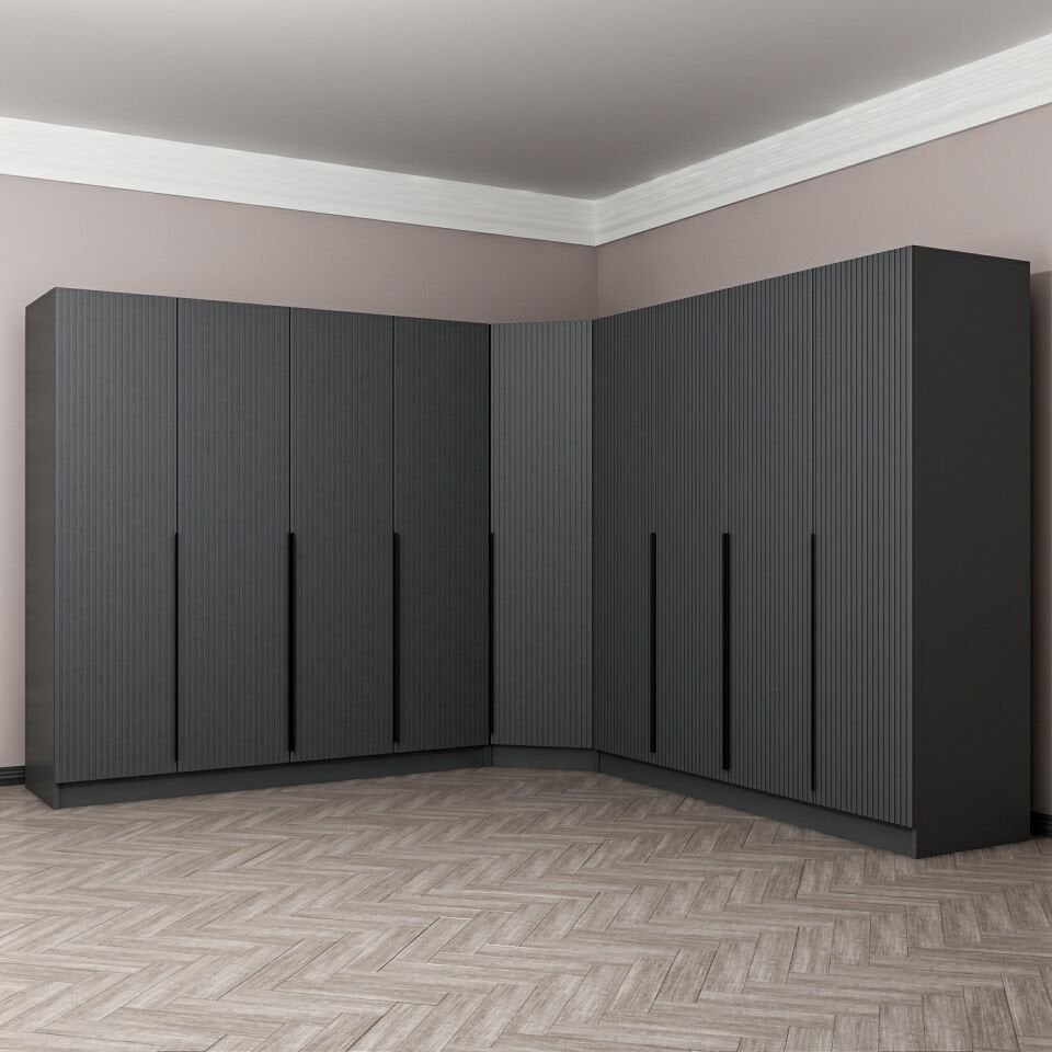 Kaleplus 9 Kapaklı 4 Çekmeceli Köşe Dolap Antrasit Mebran Antrasit Çizgili
