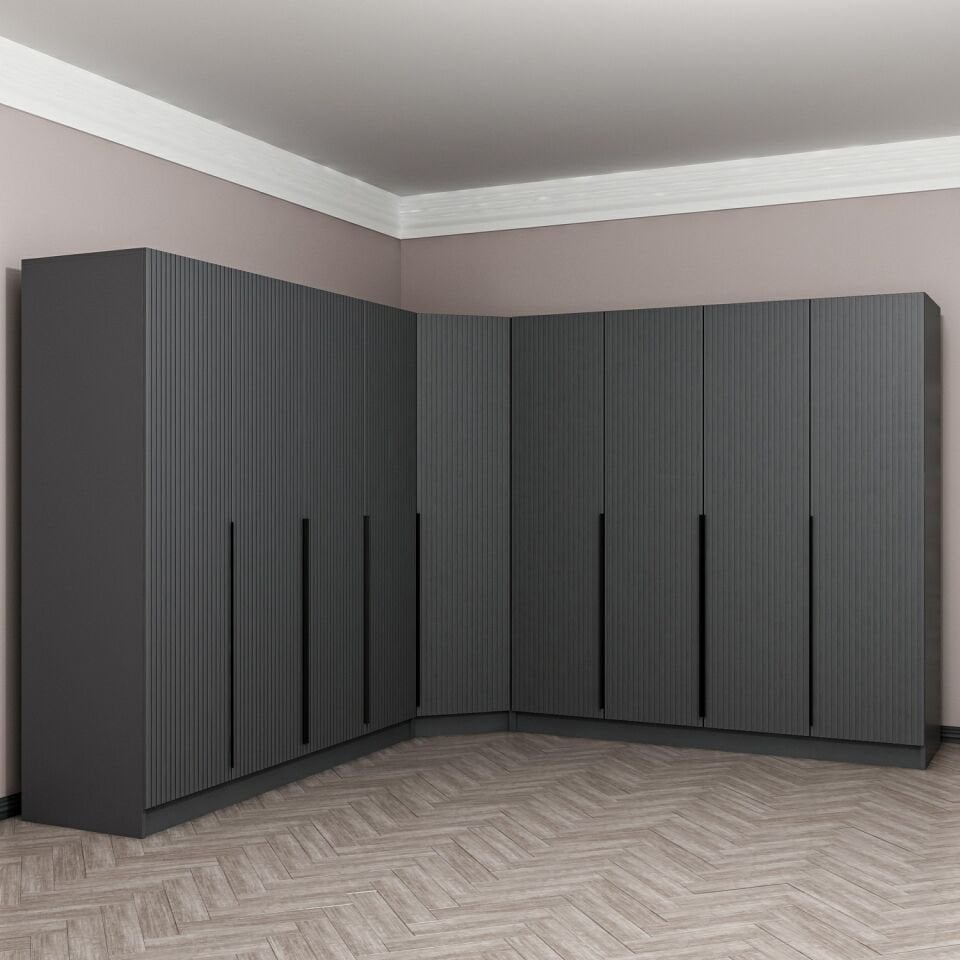 Kaleplus 9 Kapaklı 4 Çekmeceli Köşe Dolap Antrasit Mebran Antrasit Çizgili