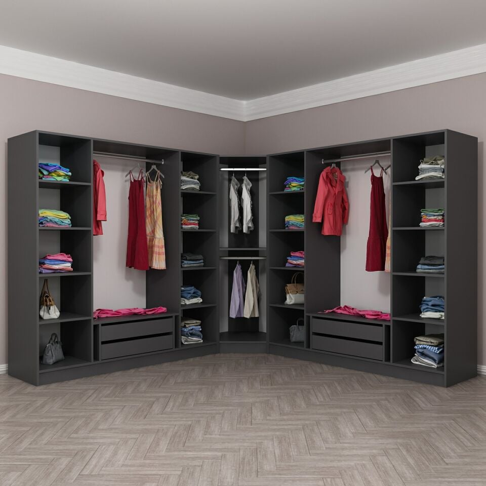 Kaleplus 9 Kapaklı 4 Çekmeceli Köşe Dolap Antrasit Mebran Antrasit Çizgili