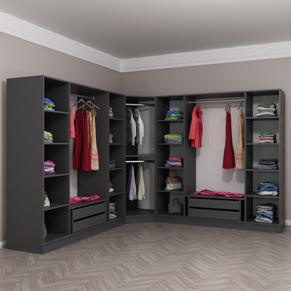 Kaleplus 9 Kapaklı 4 Çekmeceli Köşe Dolap Antrasit Mebran Antrasit Çizgili