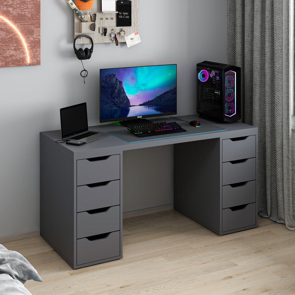 Alen 150 Cm 8 Çekmeceli Çalışma & Oyuncu Masası - Antrasit