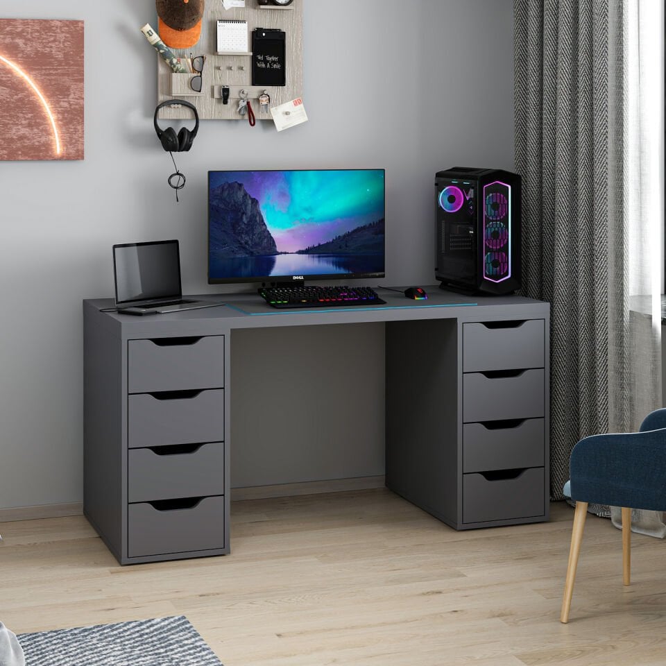 Alen 150 Cm 8 Çekmeceli Çalışma & Oyuncu Masası - Antrasit