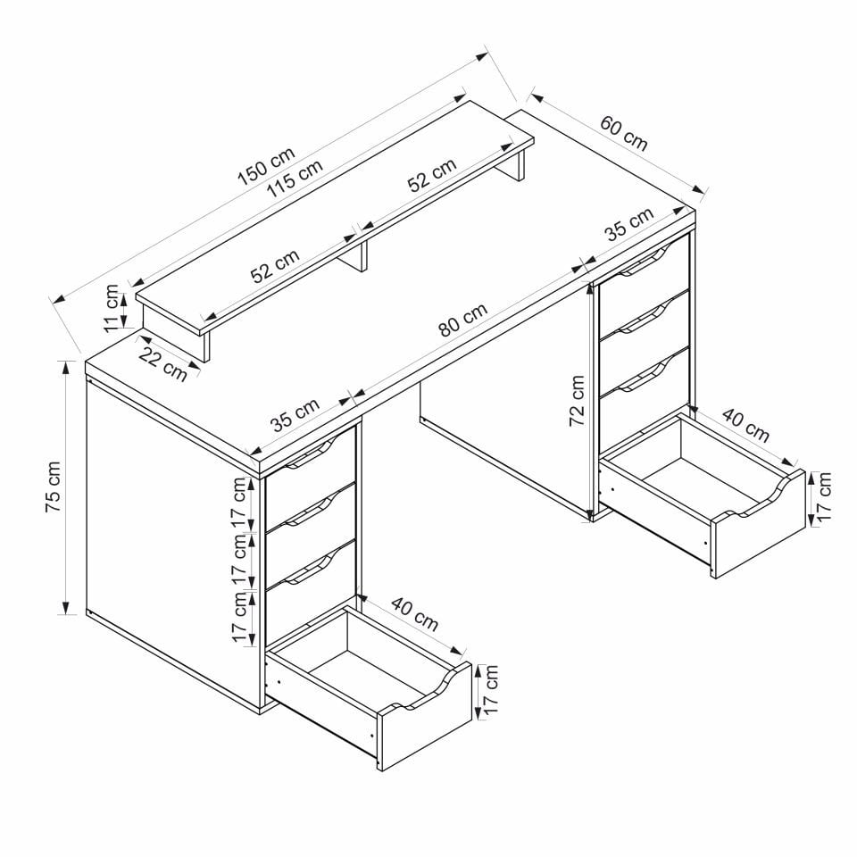 Alen 150 Cm 8 Çekmeceli Çalışma & Oyuncu Masası - Antrasit