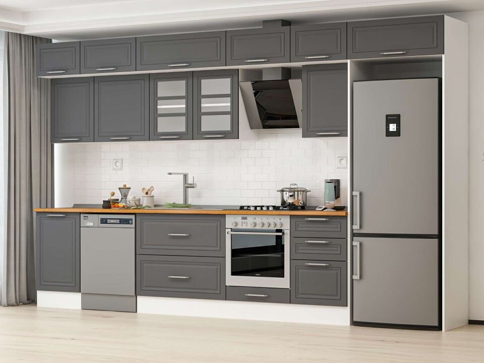 Alvinka 380X240 Cm Klasik Mebran Mutfak Dolabı Mb-E80S50S50-3 Mebran | Antrasit - Suntalam