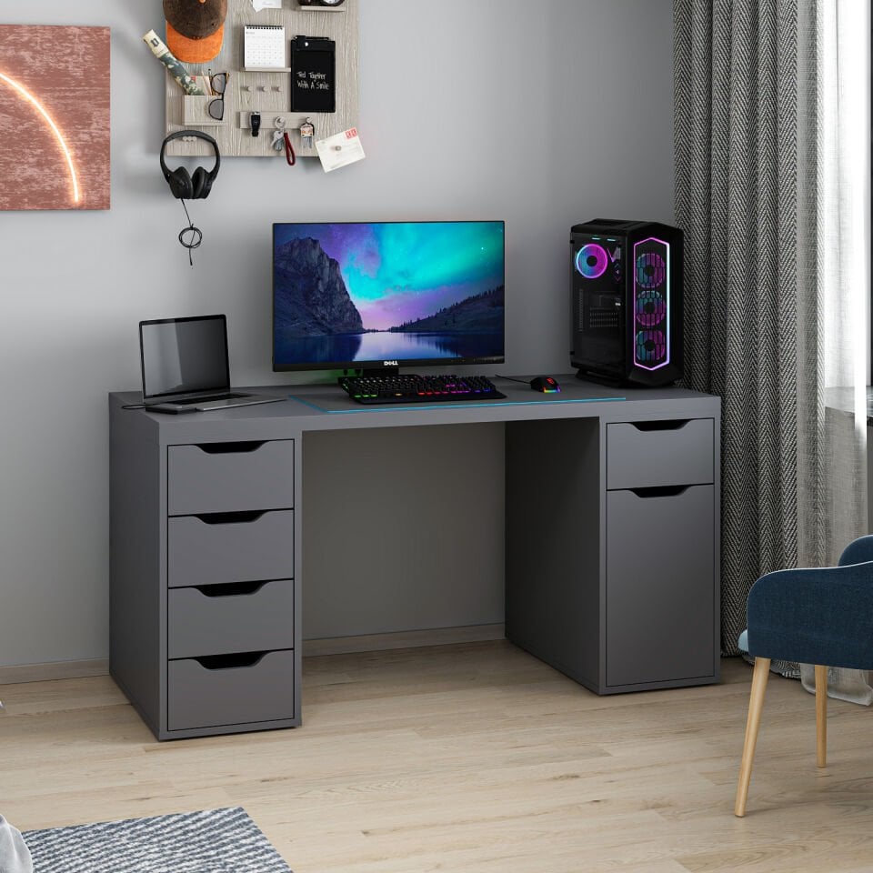 Alen 150 Cm 5 Çekmeceli Dolaplı Çalışma & Oyuncu Masası - Antrasit