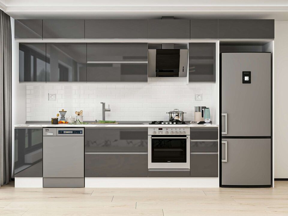Alvinka 360X240 Cm High Gloss Mutfak Dolabı Mb-E80S40S40-2 High Gloss | Antrasit - Mdf