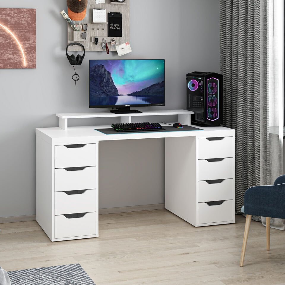 Alen 150 Cm 8 Çekmeceli Çalışma & Oyuncu Masası - Beyaz