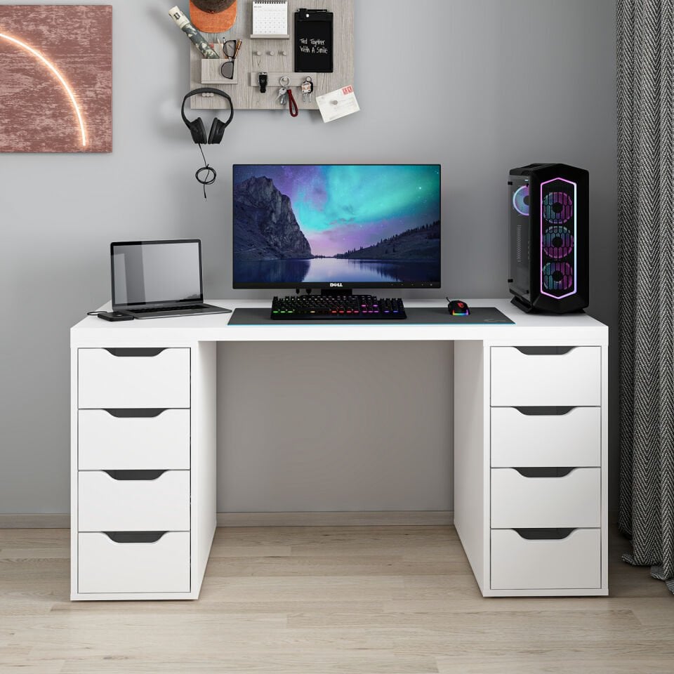 Alen 150 Cm 8 Çekmeceli Çalışma & Oyuncu Masası - Beyaz