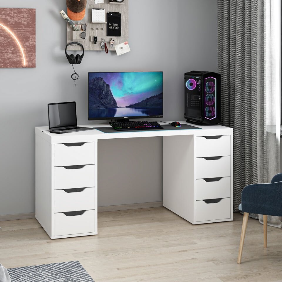 Alen 150 Cm 8 Çekmeceli Çalışma & Oyuncu Masası - Beyaz