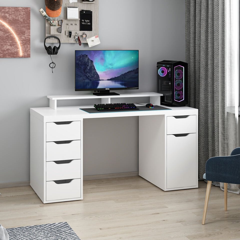 Alen 150 Cm 5 Çekmeceli Dolaplı Çalışma & Oyuncu Masası - Beyaz