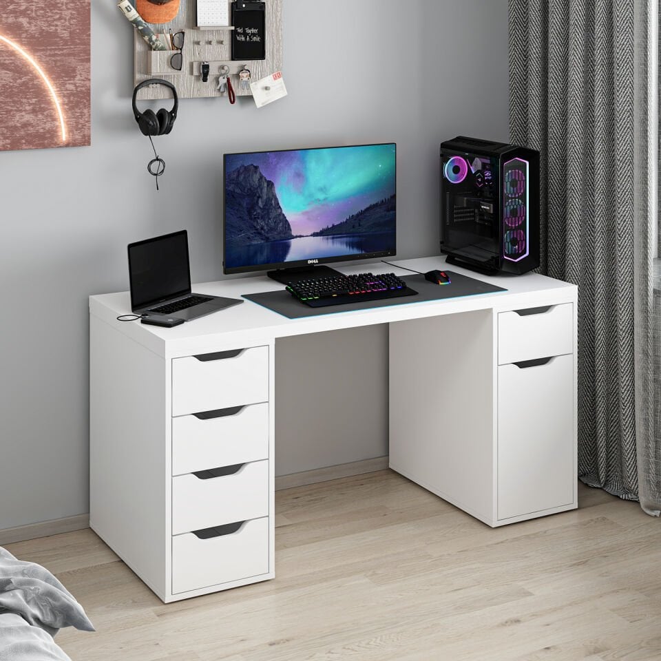 Alen 150 Cm 5 Çekmeceli Dolaplı Çalışma & Oyuncu Masası - Beyaz