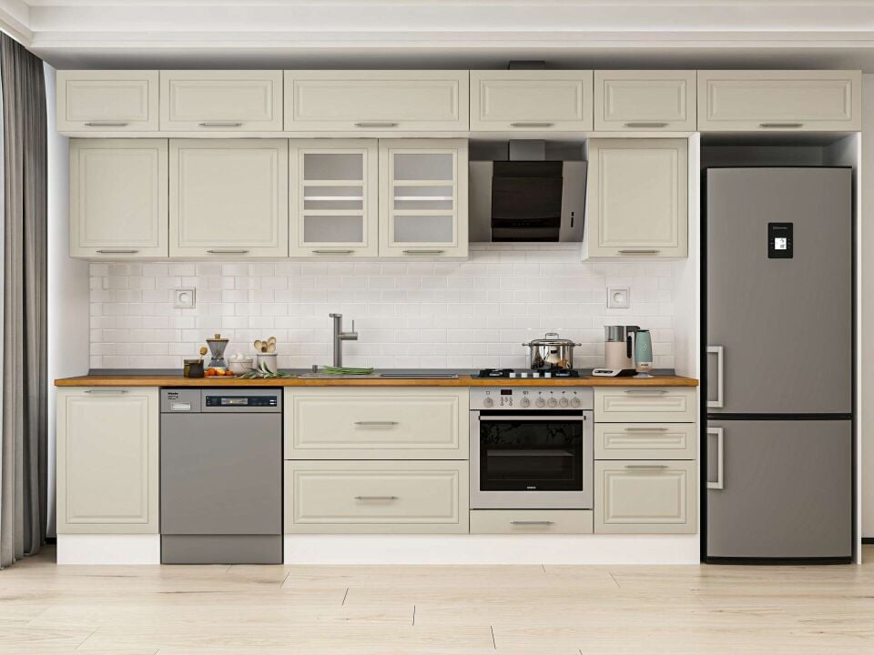Alvinka 380X240 Cm Klasik Mebran Mutfak Dolabı Mb-E80S50S50-3 Mebran | Kumtaşı - Mdf
