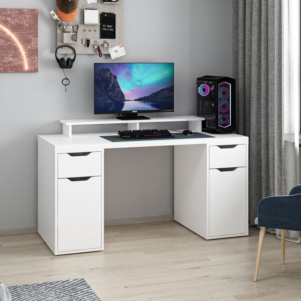 Alen 150 Cm 2 Çekmeceli 2 Dolaplı Çalışma & Oyuncu Masası - Beyaz