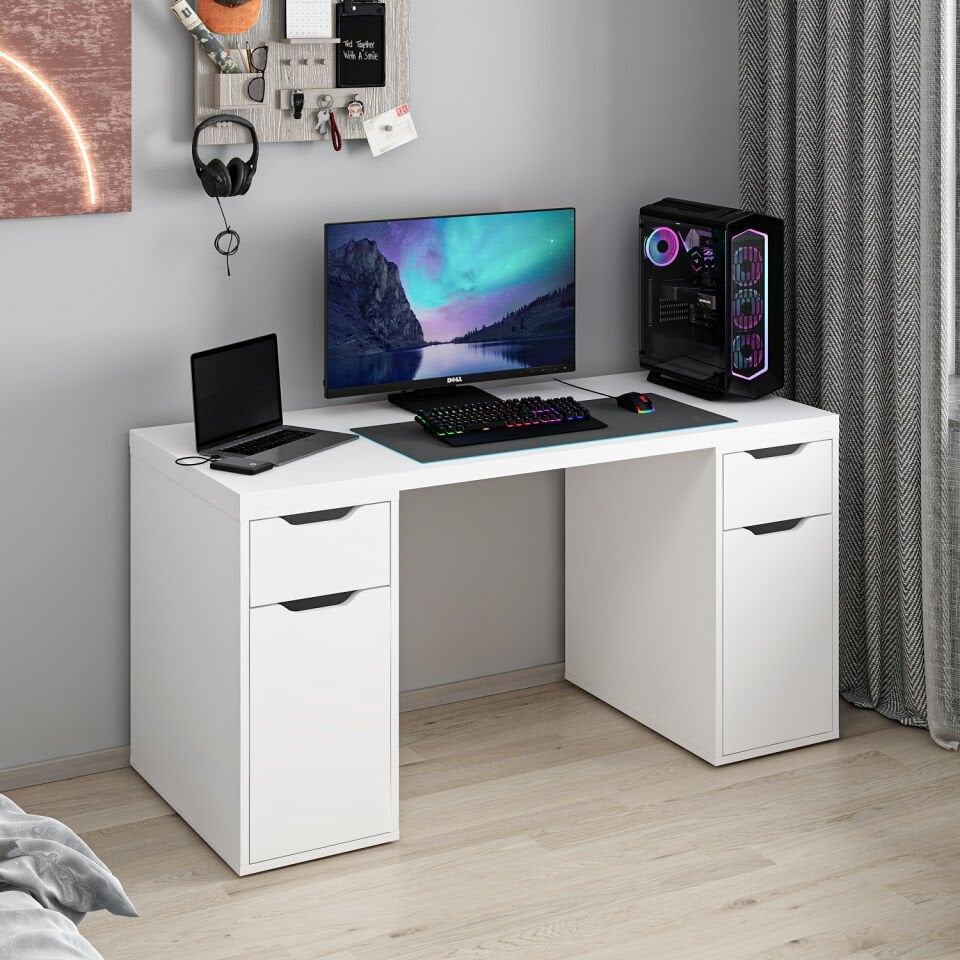 Alen 150 Cm 2 Çekmeceli 2 Dolaplı Çalışma & Oyuncu Masası - Beyaz