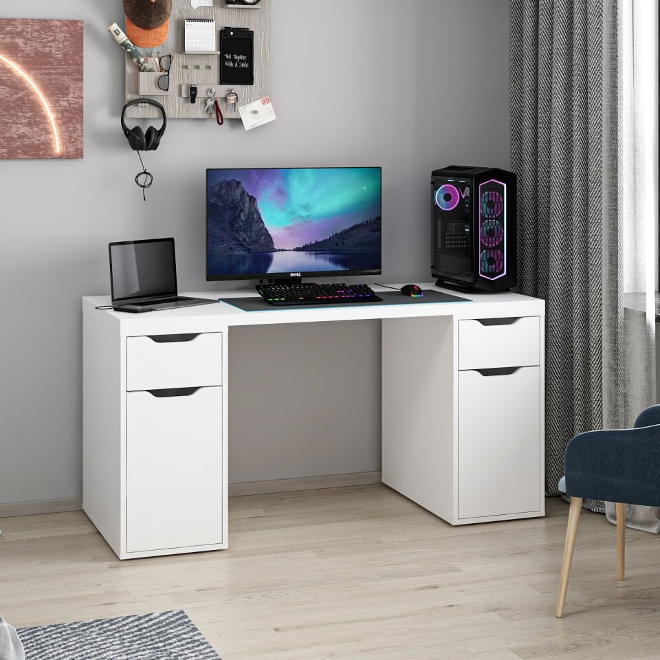 Alen 150 Cm 2 Çekmeceli 2 Dolaplı Çalışma & Oyuncu Masası - Beyaz