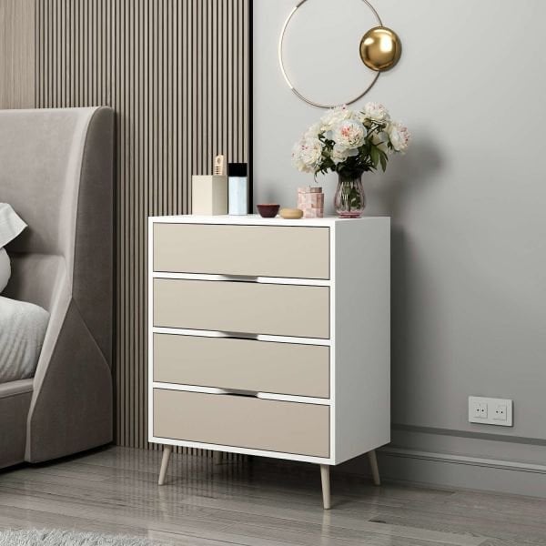 Elina Ayaklı 4 Çekmeceli Şifonyer - Beyaz/Kumtaşı