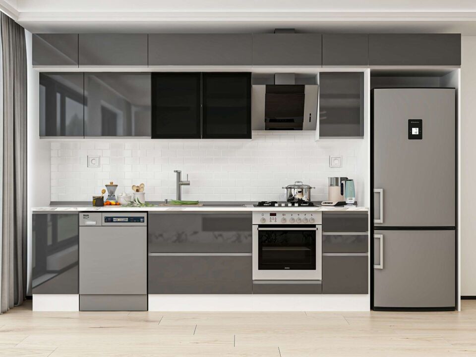 Alvinka 360X240 Cm High Gloss Mutfak Dolabı Mb-E80S40S40-3 High Gloss | Antrasit - Mdf
