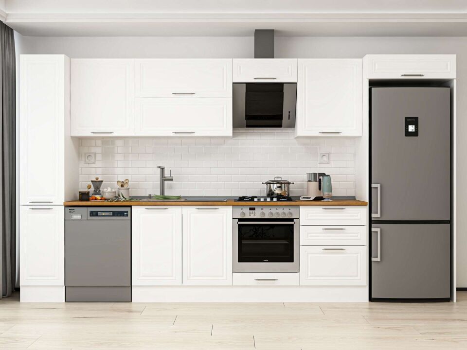 Alvinka 380X222 Cm Klasik Mebran Mutfak Dolabı Mbb-E80B40S60-2 Mebran | Beyaz - Mdf