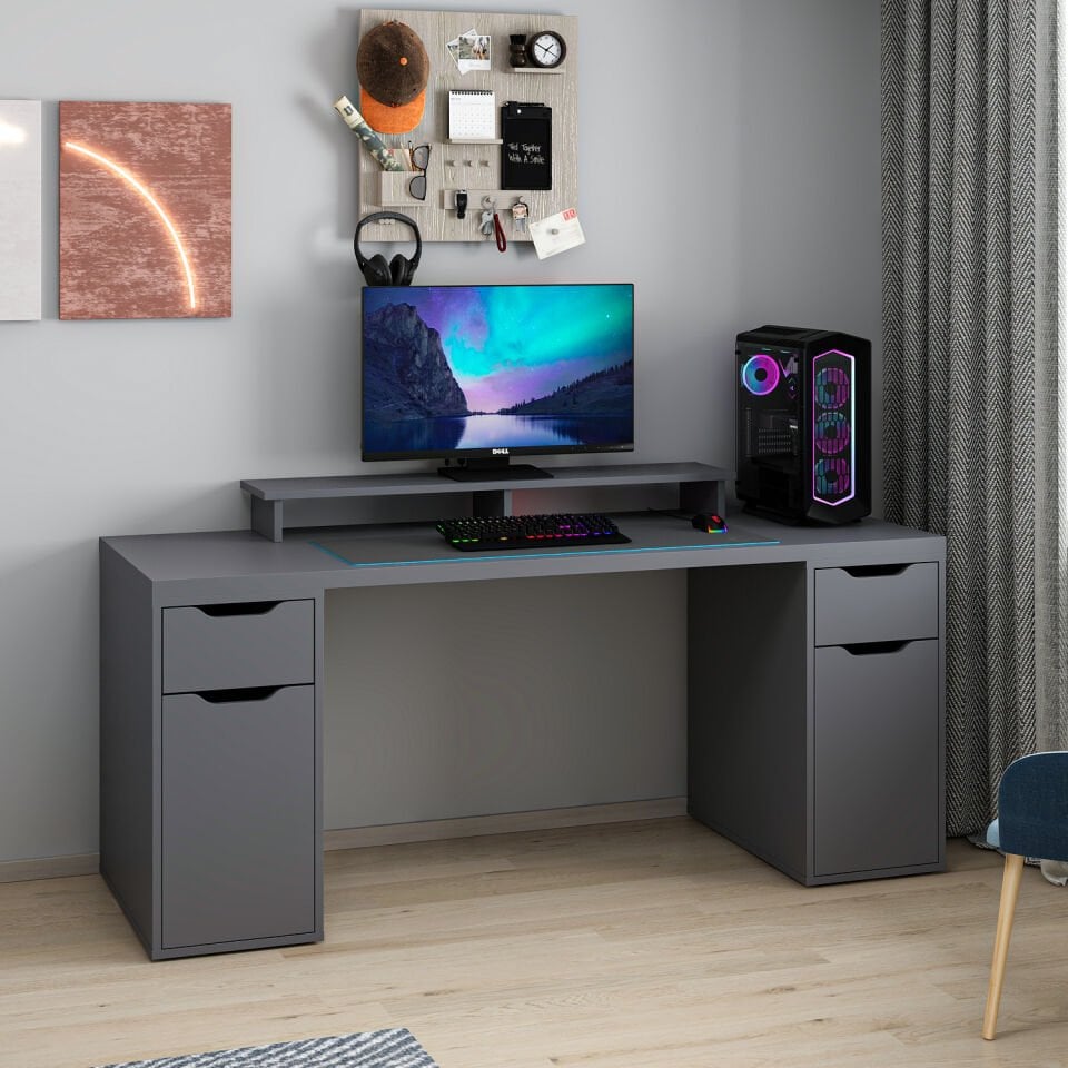 Alen 180 Cm 2 Çekmeceli 2 Dolaplı Çalışma & Oyuncu Masası - Antrasit