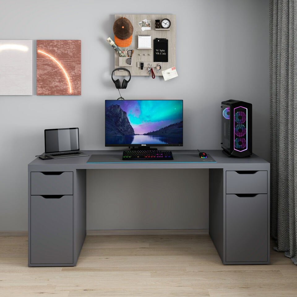 Alen 180 Cm 2 Çekmeceli 2 Dolaplı Çalışma & Oyuncu Masası - Antrasit