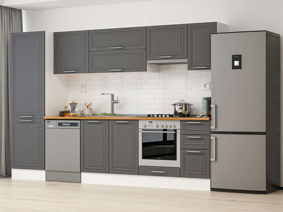 Alvinka 300X210 Cm Klasik Mebran Mutfak Dolabı Mb-E80B60S40-1 Mebran | Antrasit - Suntalam