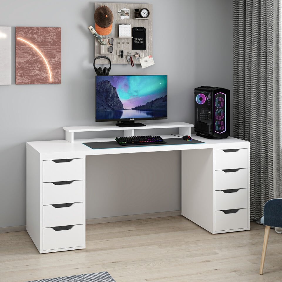 Alen 180 Cm 8 Çekmeceli Geniş Çalışma & Oyuncu Masası - Beyaz