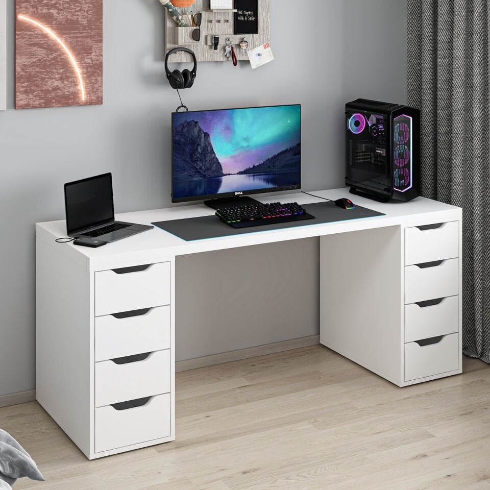 Alen 180 Cm 8 Çekmeceli Geniş Çalışma & Oyuncu Masası - Beyaz
