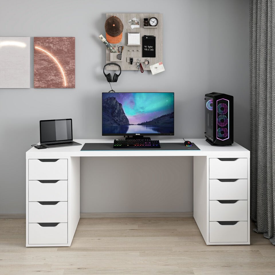 Alen 180 Cm 8 Çekmeceli Geniş Çalışma & Oyuncu Masası - Beyaz