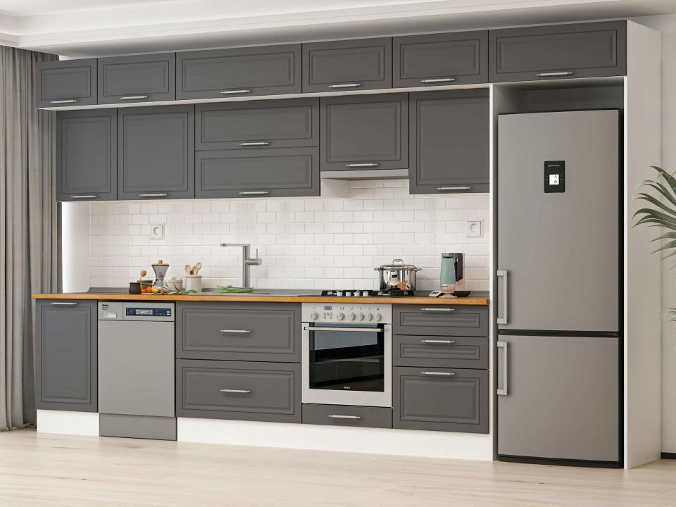 Alvinka 390X240 Cm Klasik Mebran Mutfak Dolabı Mb-E80S50S60-1 Mebran | Antrasit - Mdf
