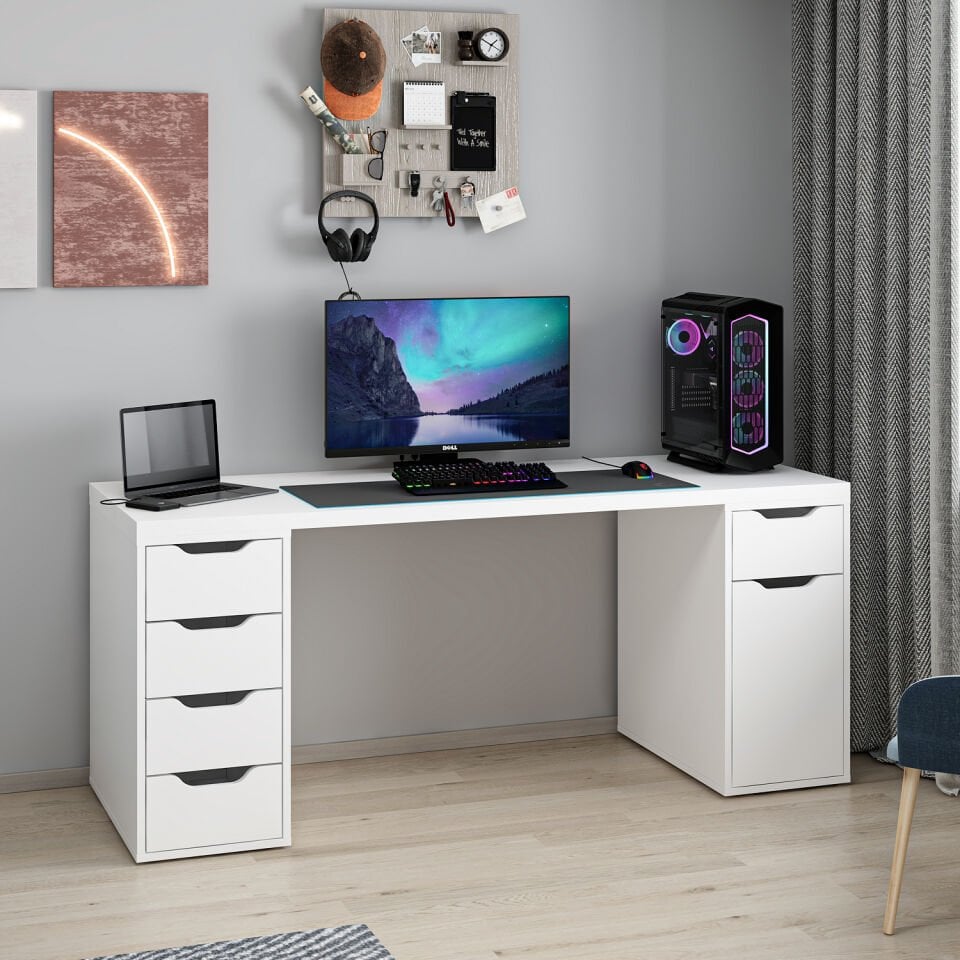Alen 180 Cm 5 Çekmeceli Dolaplı Çalışma & Oyuncu Masası - Beyaz