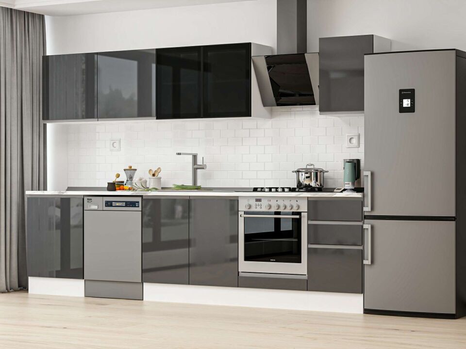 Alvinka 315X210 Cm High Gloss Mutfak Dolabı M-E90S60S45-3 High Gloss | Antrasit - Mdf