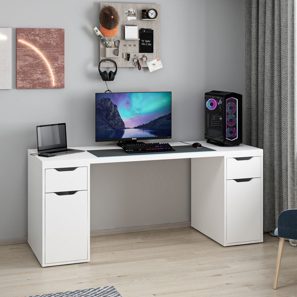 Alen 180 Cm 2 Çekmeceli 2 Dolaplı Çalışma & Oyuncu Masası - Beyaz