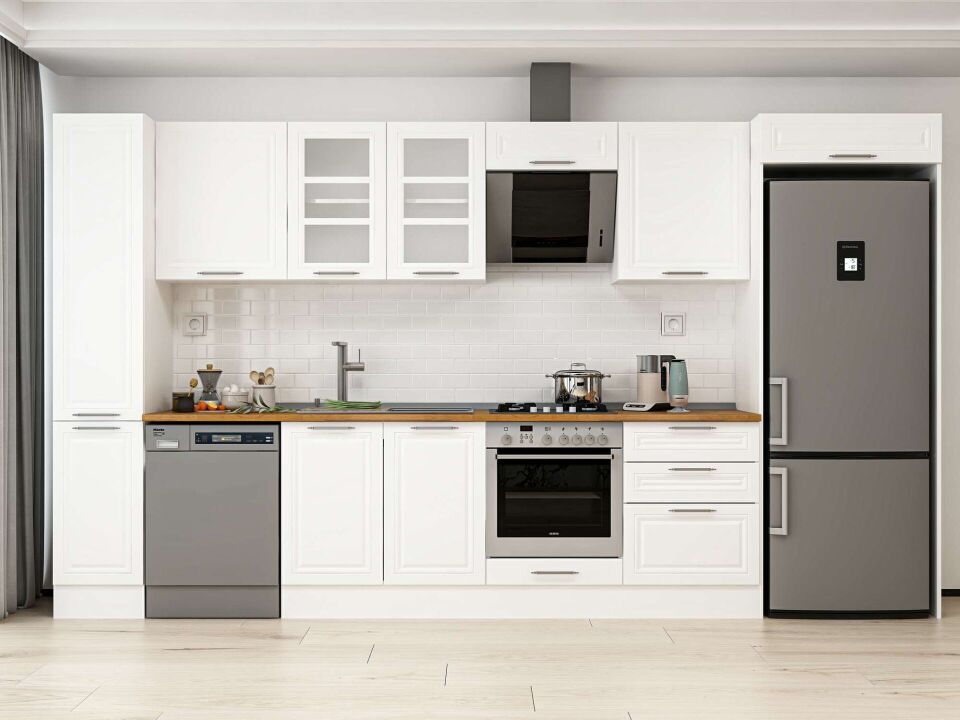 Alvinka 380X222 Cm Klasik Mebran Mutfak Dolabı Mbb-E80B40S60-3 Mebran | Beyaz - Mdf